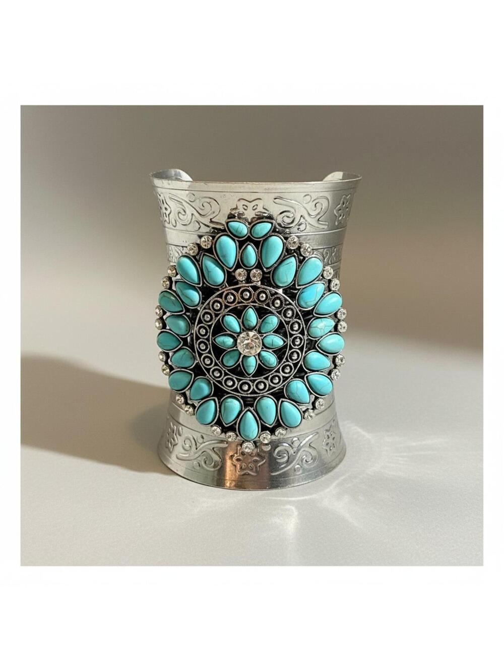 Large Tibetan Turquoise Boho Silver Tone Cuff Bracelet, Statement Piece